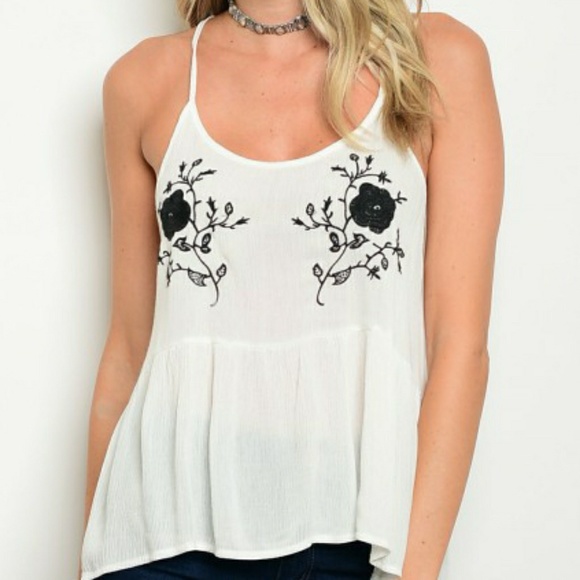 WHITE SPAGHETTI STRAP EMBROIDERY TANK TOP - Picture 2 of 3